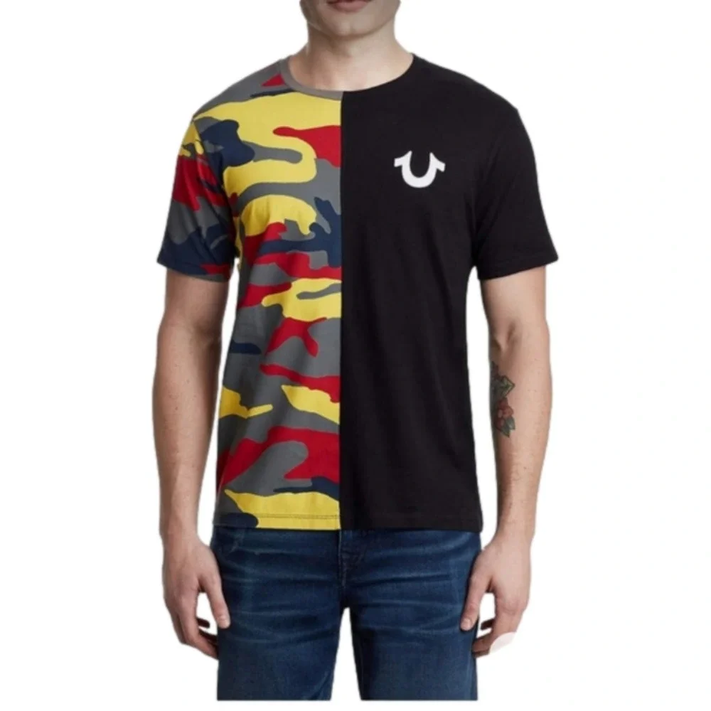 True Religion Camo Split Logo Monogram Paint Splash 100% Cotton Graphic Tee
